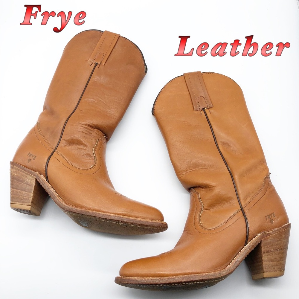 Frye Tan Leather Mid-Calf Heeled Boots